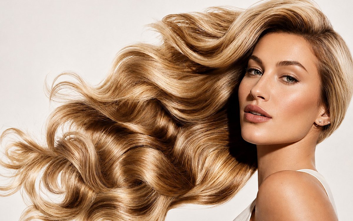 A woman with long golden blonde hair, the tone salt water gradually pulls warm and dull