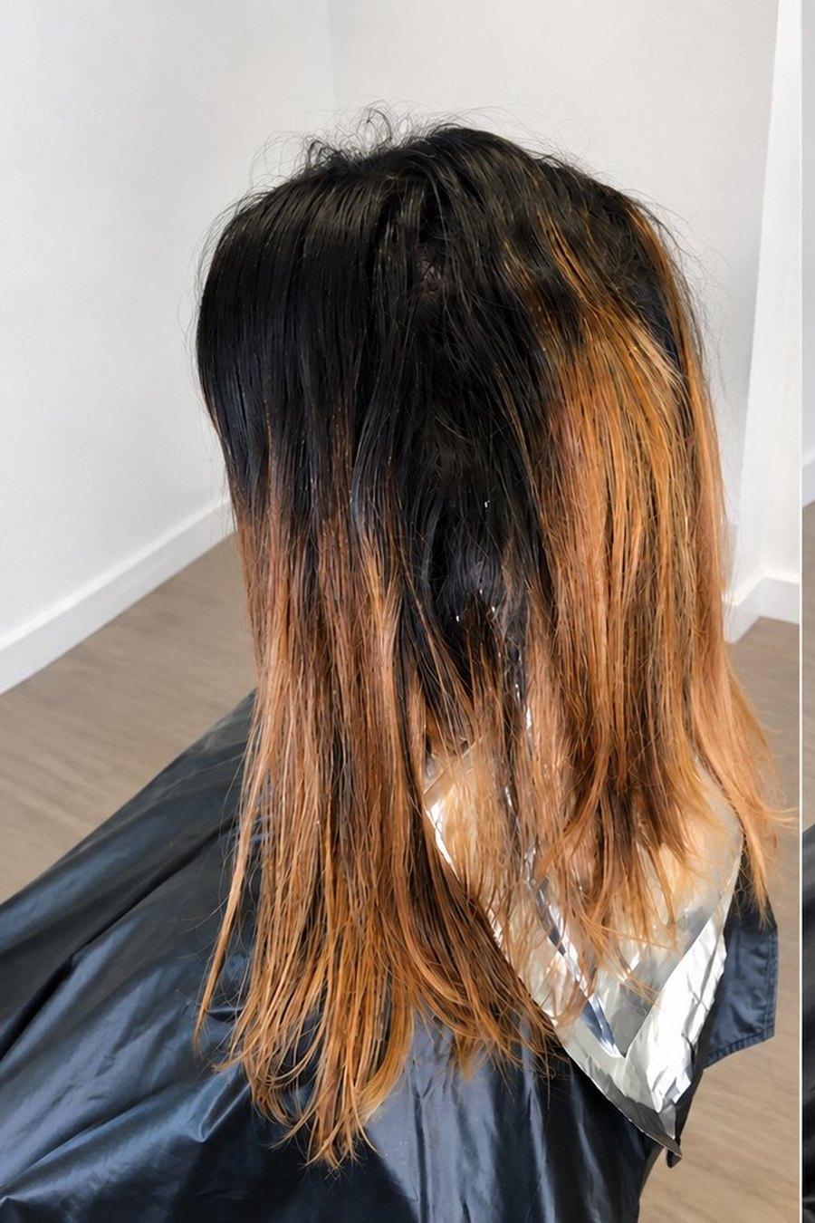 Banded, uneven box colour before corrective work at Touch&eacute;e Organic Salon, Juno Beach