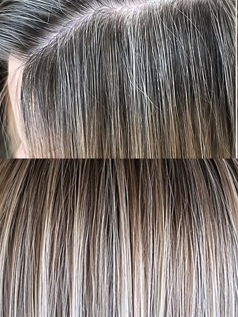 Gray blending before and after: grown-out gray roots above, blended silver and blonde below