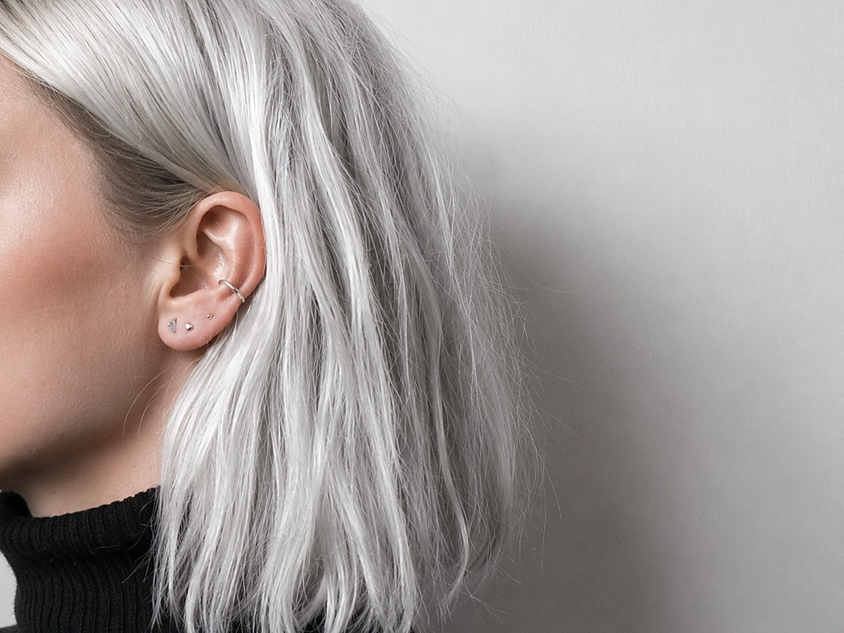 Softly blended gray at shoulder length, coloured at Touchée Organic Salon, Juno Beach