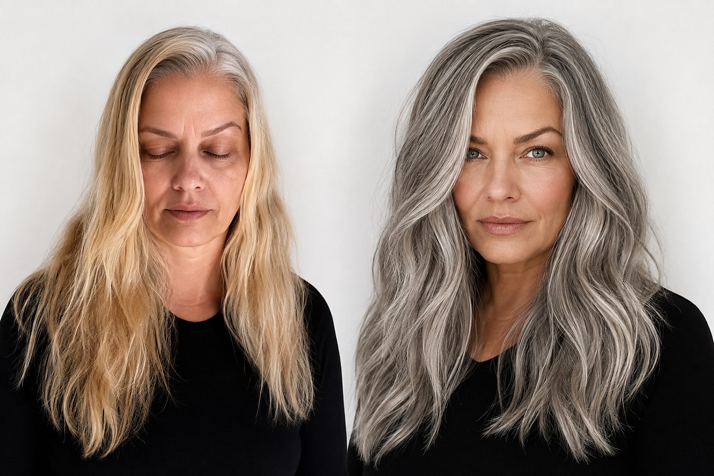 Grey coverage compared with grey blending on the same head of hair, Juno Beach