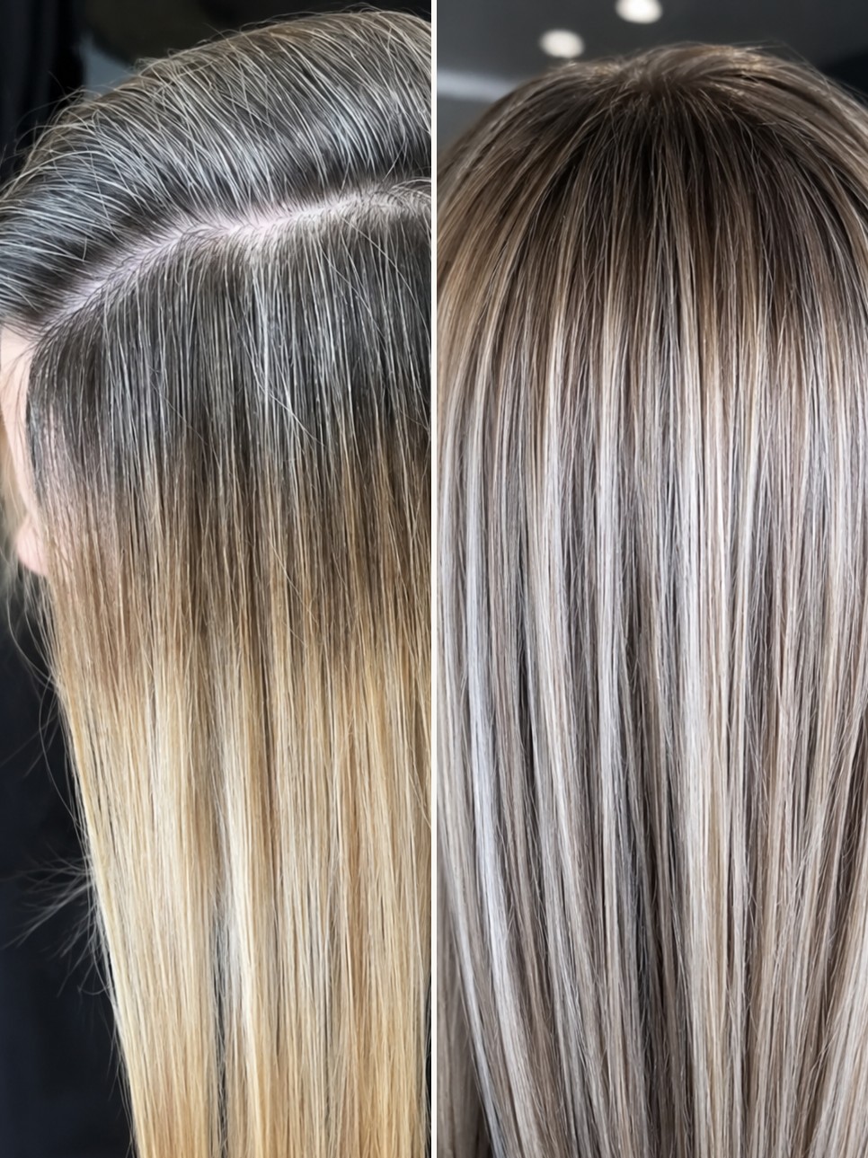 Before and after a gray blend with color correction — warm blonde with silver regrowth and a visible line on the left, cool blended silver and blonde on the right. Touchée Organic Salon, Juno Beach