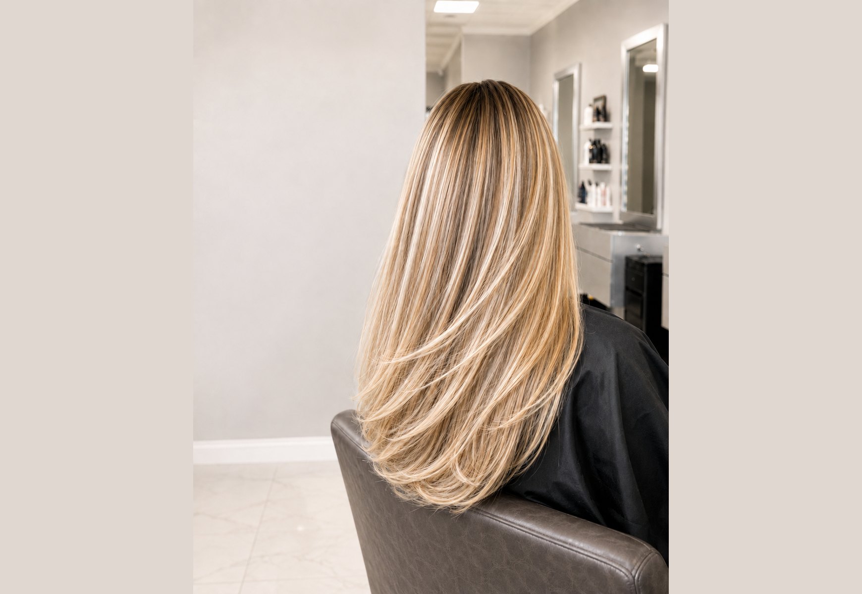 Long layered blonde finished in the chair at Touchée Organic Salon, Juno Beach