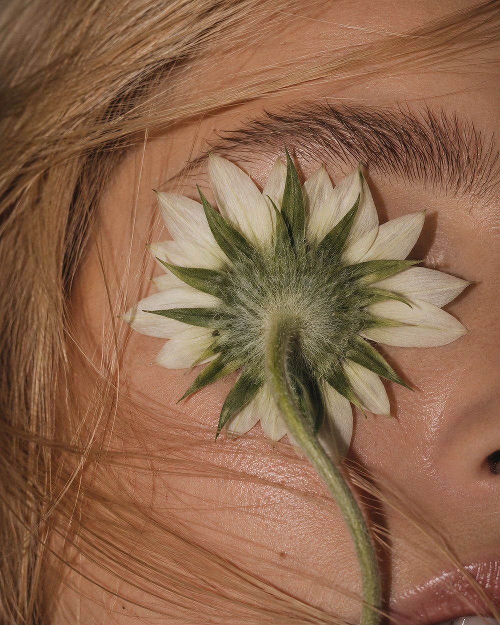 A dried flower held against skin and blonde hair — Touchée Organic Salon, Juno Beach