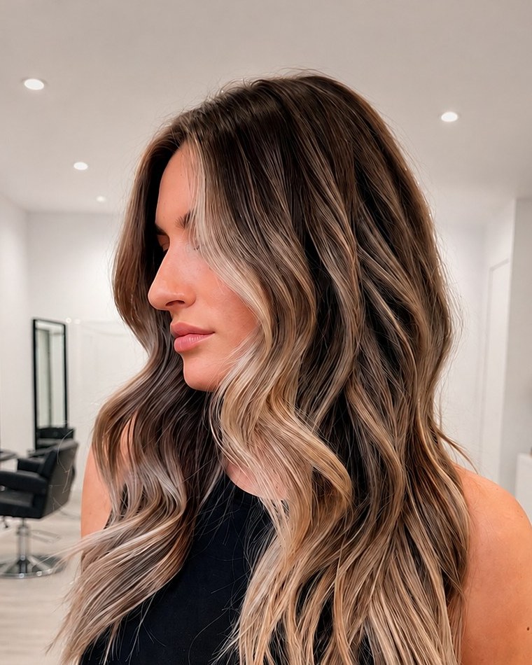 Lived-in balayage from brunette root to blonde lengths, worn waved — Touchée Organic Salon, Juno Beach