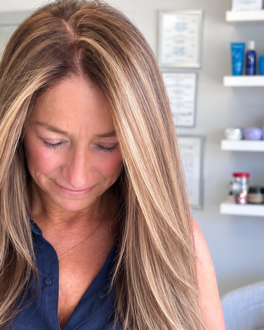 Dimensional blonde seen from the front, brightness kept around the face &mdash; Touche&eacute; Organic Salon, Juno Beach