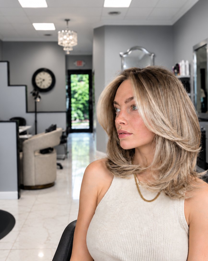 Long blonde bob with length left at the front, seen from the front, Juno Beach FL