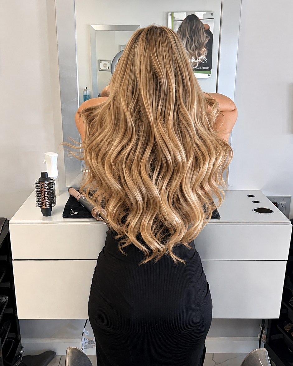 Long golden blonde waves with dimensional highlights, styled at the salon station