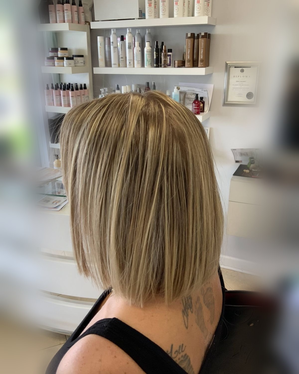 Blunt bronde bob cut to a clean line at the shoulder, Touchée Organic Salon, Juno Beach