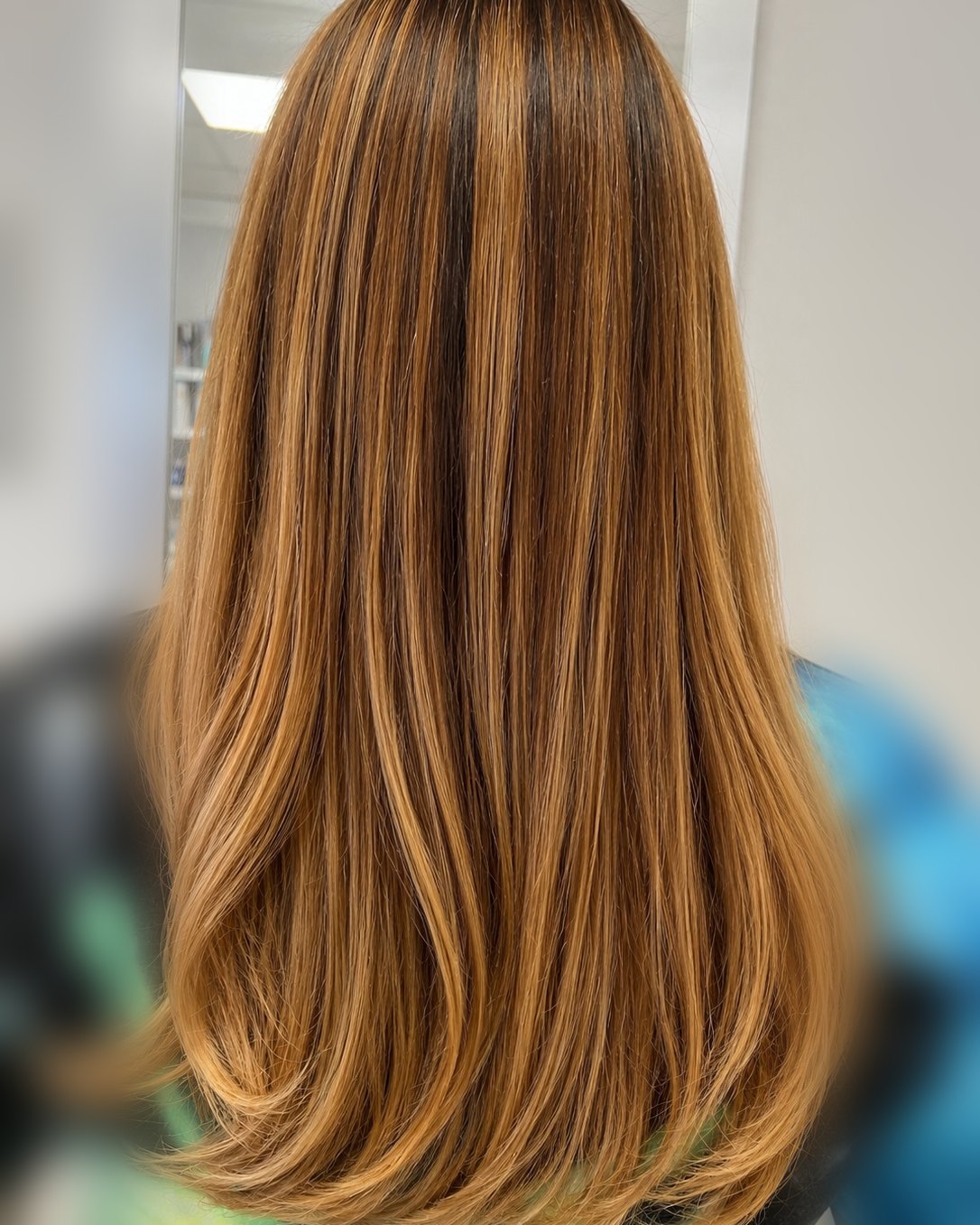 Warm caramel and amber dimension through long hair — Toucheé Organic Salon, Juno Beach