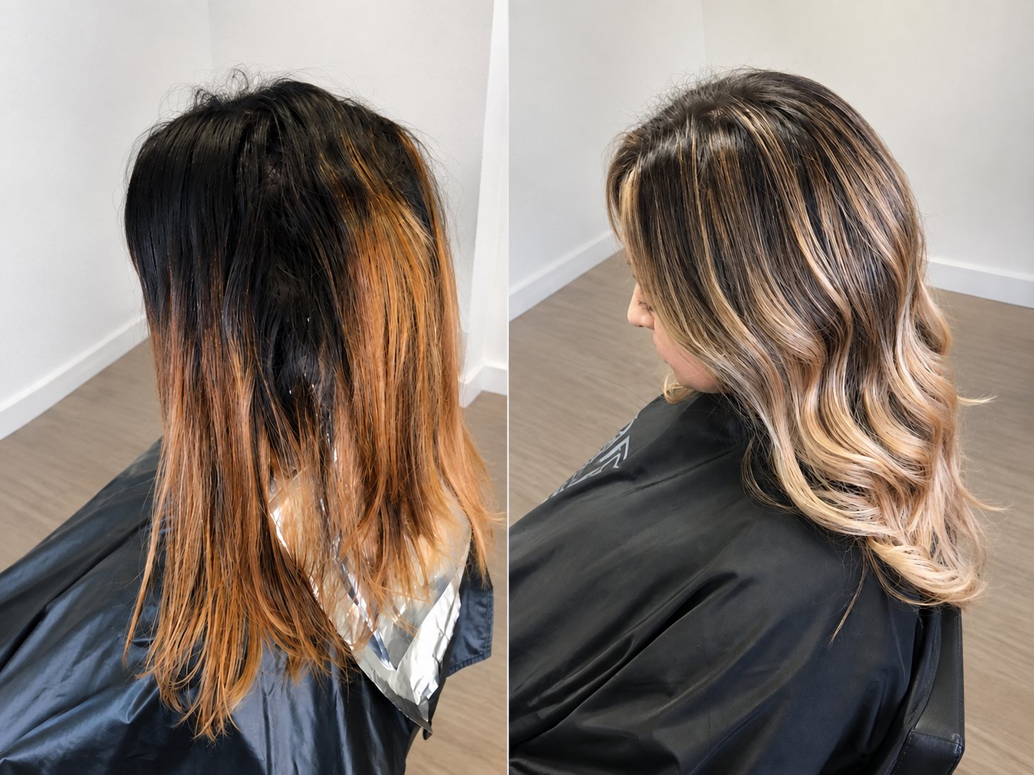 Color correction before and after, photographed at Touch&eacute;e Organic Salon, Juno Beach