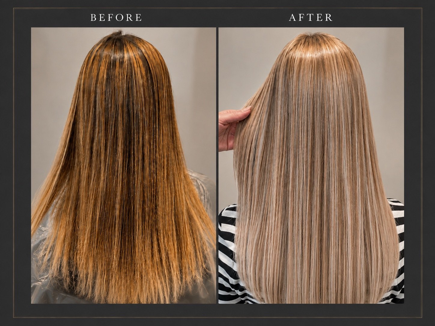 Color correction before and after &mdash; brassy, banded blonde on the left, corrected to a clean cool blonde by Nancy at Touch&eacute;e Organic Salon, Juno Beach