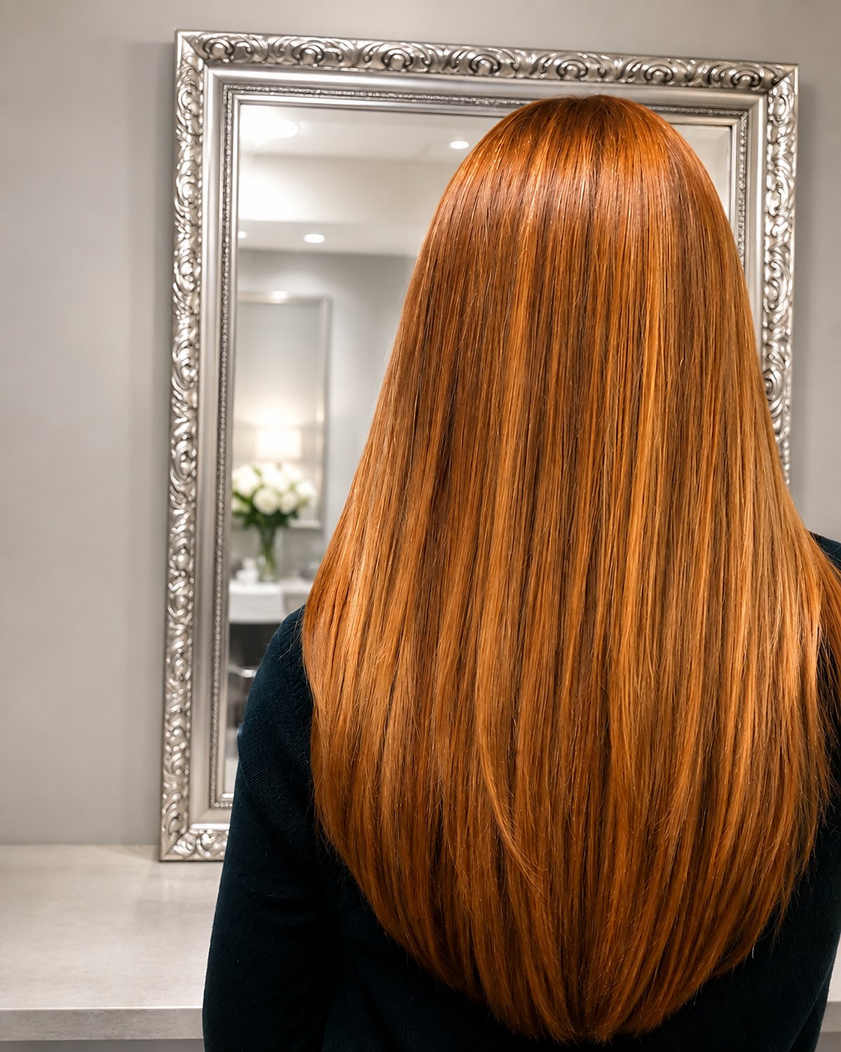 Glossy copper auburn worn long and straight — Toucheé Organic Salon, Juno Beach