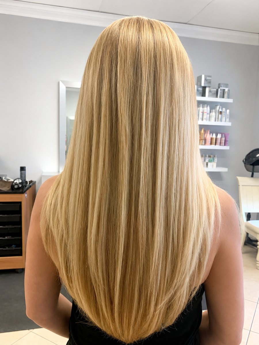 Long golden blonde, blow-dried straight, photographed in the salon