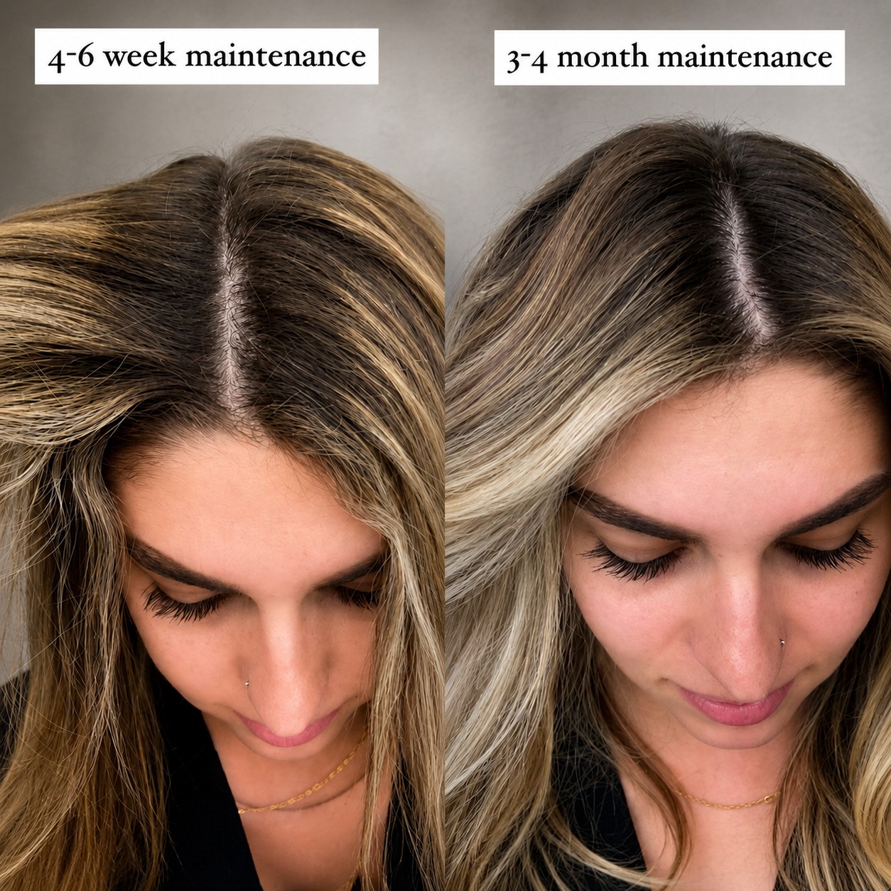 The same client at a four to six week maintenance rhythm and at three to four months, showing how the root grows out