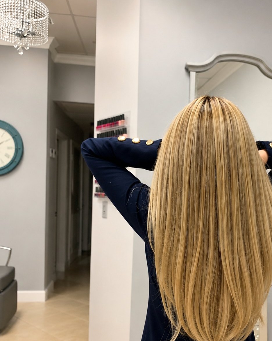 Honey blonde with a nineties weight through the ends — Touchée Organic Salon, Juno Beach
